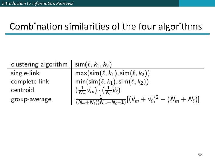 Introduction to Information Retrieval Combination similarities of the four algorithms 52 