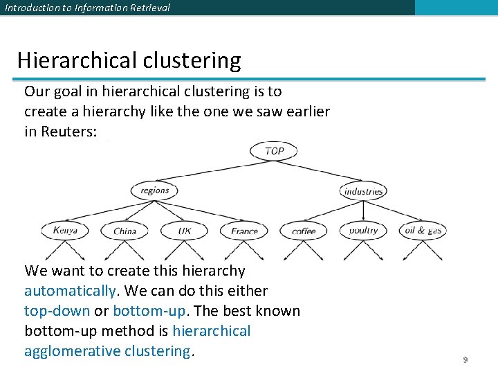 Introduction to Information Retrieval Hierarchical clustering Our goal in hierarchical clustering is to create