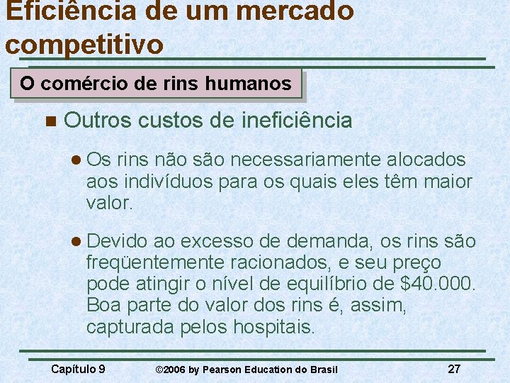 Eficiência de um mercado competitivo O comércio de rins humanos n Outros custos de