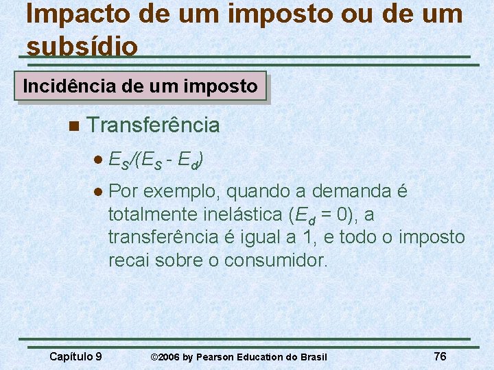 Impacto de um imposto ou de um subsídio Incidência de um imposto n Transferência