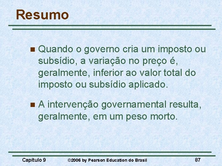 Resumo n Quando o governo cria um imposto ou subsídio, a variação no preço