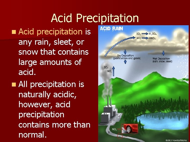 Acid Precipitation n Acid precipitation is any rain, sleet, or snow that contains large