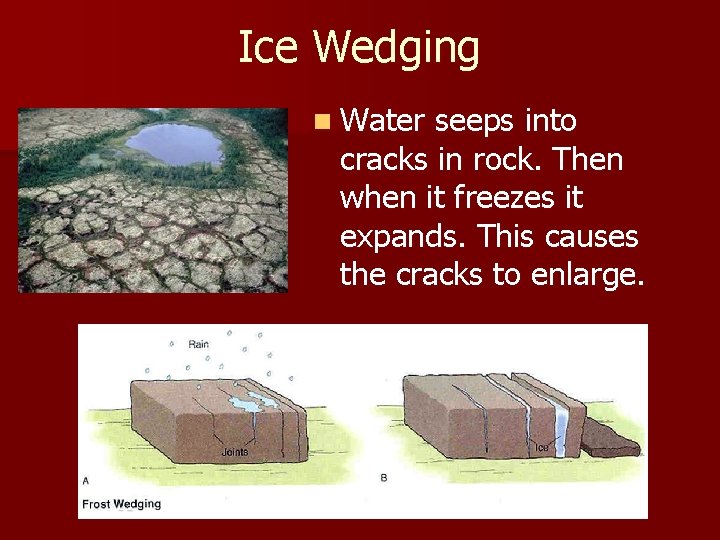 Ice Wedging n Water seeps into cracks in rock. Then when it freezes it