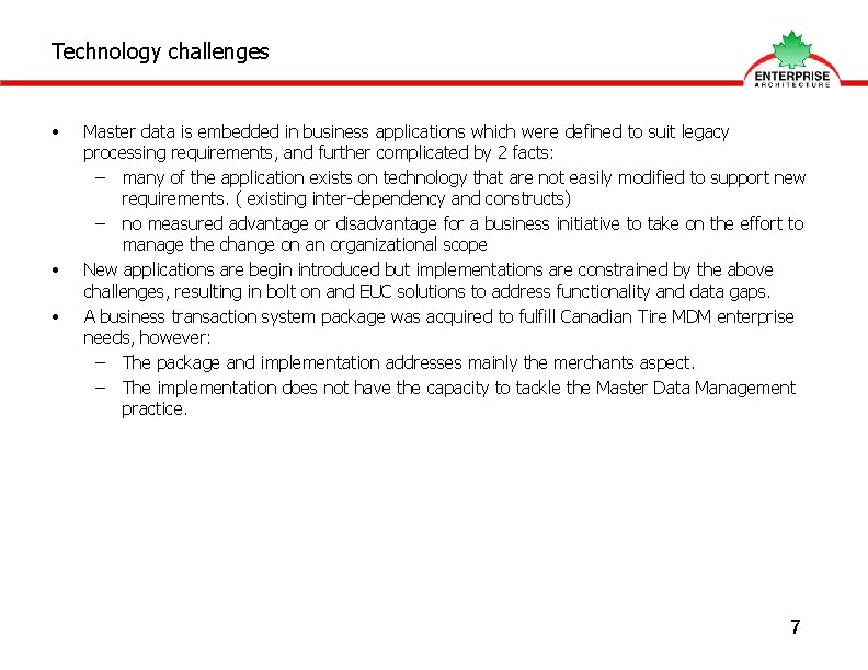 Technology challenges • • • Master data is embedded in business applications which were