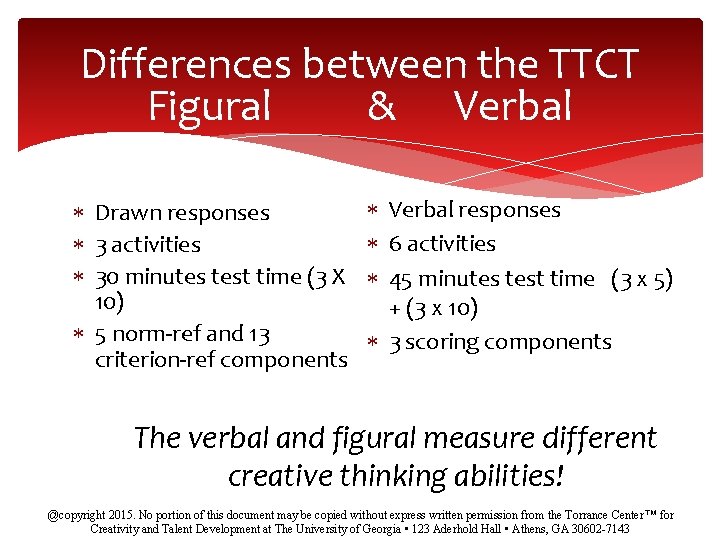 Differences between the TTCT Figural & Verbal Drawn responses 3 activities 30 minutes test