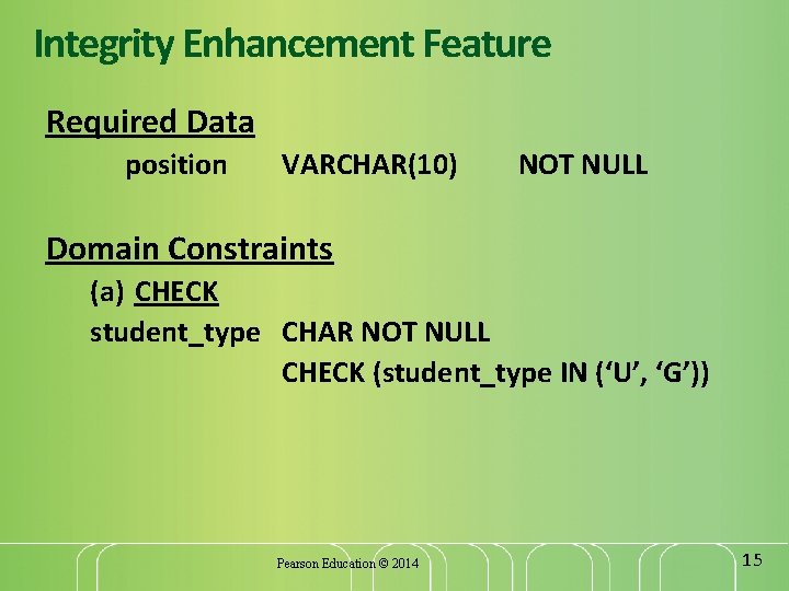 Integrity Enhancement Feature Required Data position VARCHAR(10) NOT NULL Domain Constraints (a) CHECK student_type