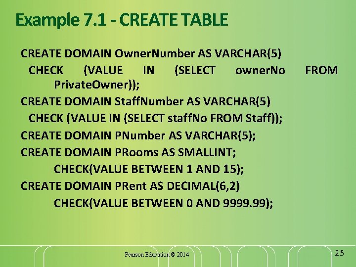 Example 7. 1 - CREATE TABLE CREATE DOMAIN Owner. Number AS VARCHAR(5) CHECK (VALUE