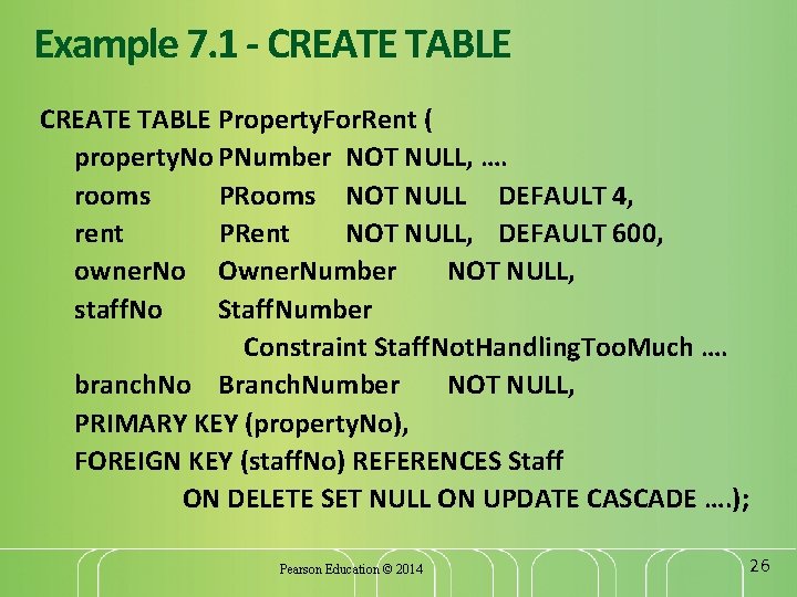 Example 7. 1 - CREATE TABLE Property. For. Rent ( property. No PNumber NOT