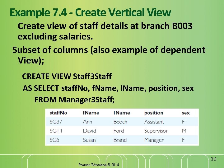 Example 7. 4 - Create Vertical View Create view of staff details at branch