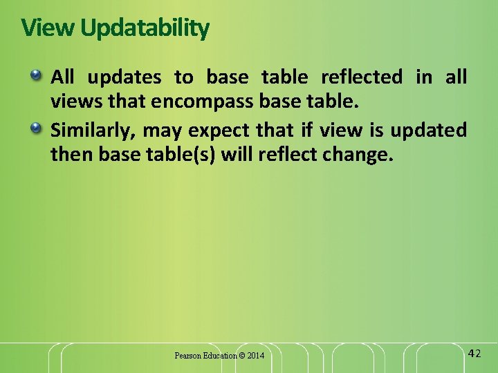 View Updatability All updates to base table reflected in all views that encompass base