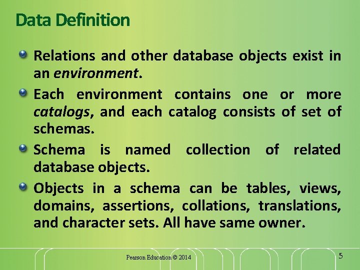 Data Definition Relations and other database objects exist in an environment. Each environment contains
