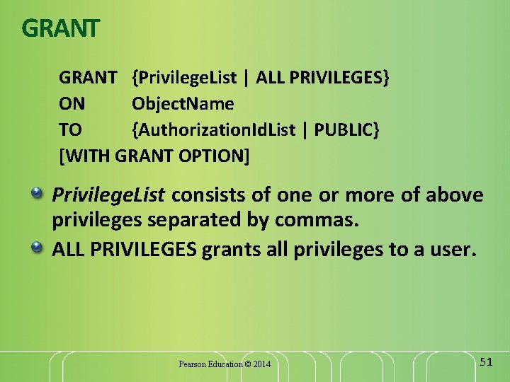 GRANT {Privilege. List | ALL PRIVILEGES} ON Object. Name TO {Authorization. Id. List |