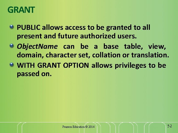 GRANT PUBLIC allows access to be granted to all present and future authorized users.