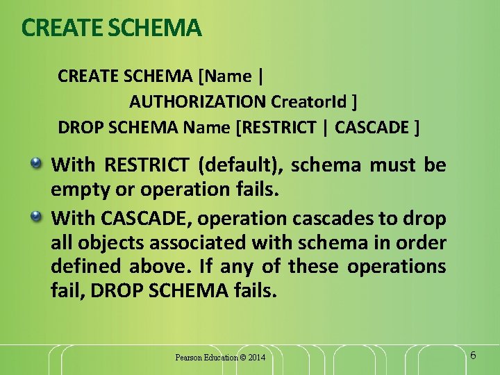 CREATE SCHEMA [Name | AUTHORIZATION Creator. Id ] DROP SCHEMA Name [RESTRICT | CASCADE