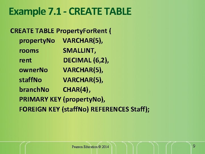 Example 7. 1 - CREATE TABLE Property. For. Rent ( property. No VARCHAR(5), rooms