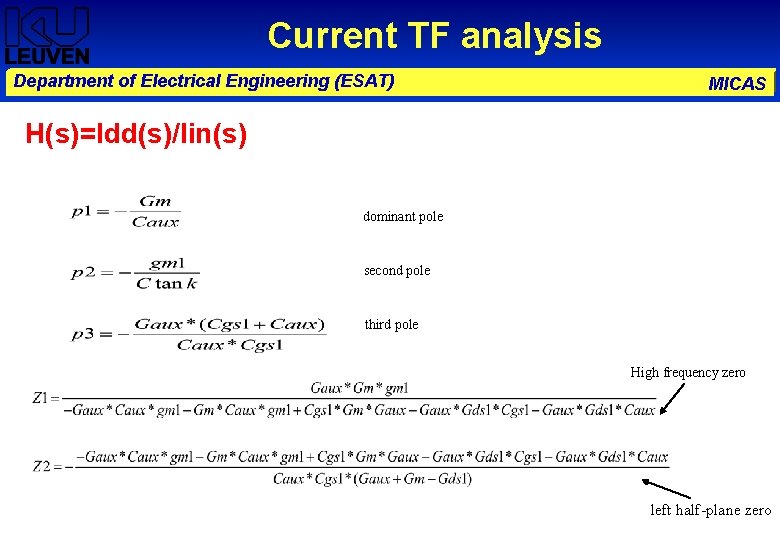 Current TF analysis Department of Electrical Engineering (ESAT) MICAS H(s)=Idd(s)/Iin(s) dominant pole second pole