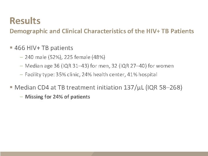 Results Demographic and Clinical Characteristics of the HIV+ TB Patients § 466 HIV+ TB