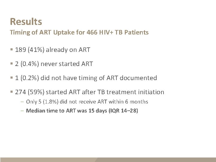 Results Timing of ART Uptake for 466 HIV+ TB Patients § 189 (41%) already