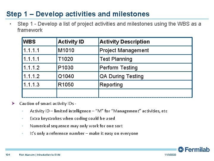Step 1 – Develop activities and milestones • Ø 104 Step 1 - Develop