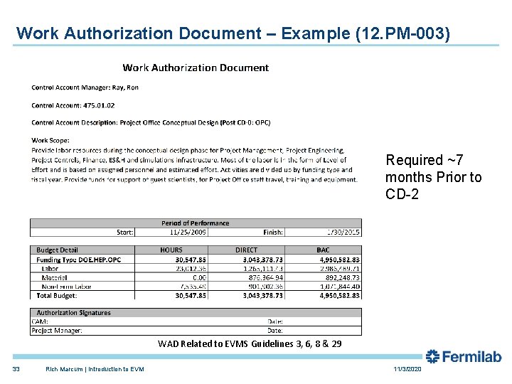 Work Authorization Document – Example (12. PM-003) Required ~7 months Prior to CD-2 WAD