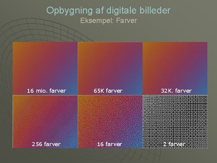 Opbygning af digitale billeder Eksempel: Farver 16 mio. farver 65 K farver 256 farver