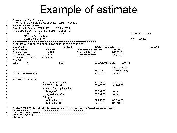 Example of estimate • • • • • • • • • Department of