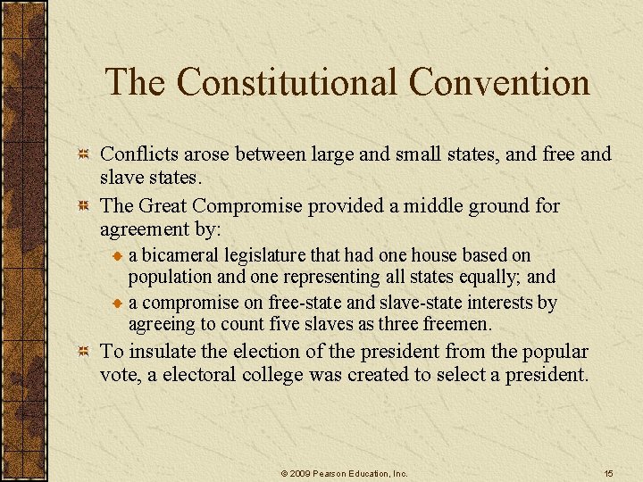 The Constitutional Convention Conflicts arose between large and small states, and free and slave