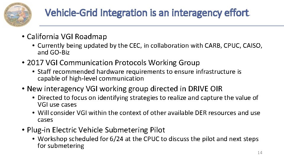 Vehicle-Grid Integration is an interagency effort • California VGI Roadmap • Currently being updated