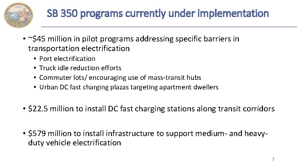 SB 350 programs currently under implementation • ~$45 million in pilot programs addressing specific