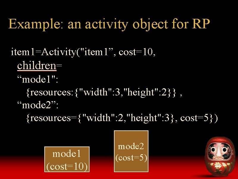 Example: an activity object for RP item 1=Activity("item 1”, cost=10, children= “mode 1": {resources: