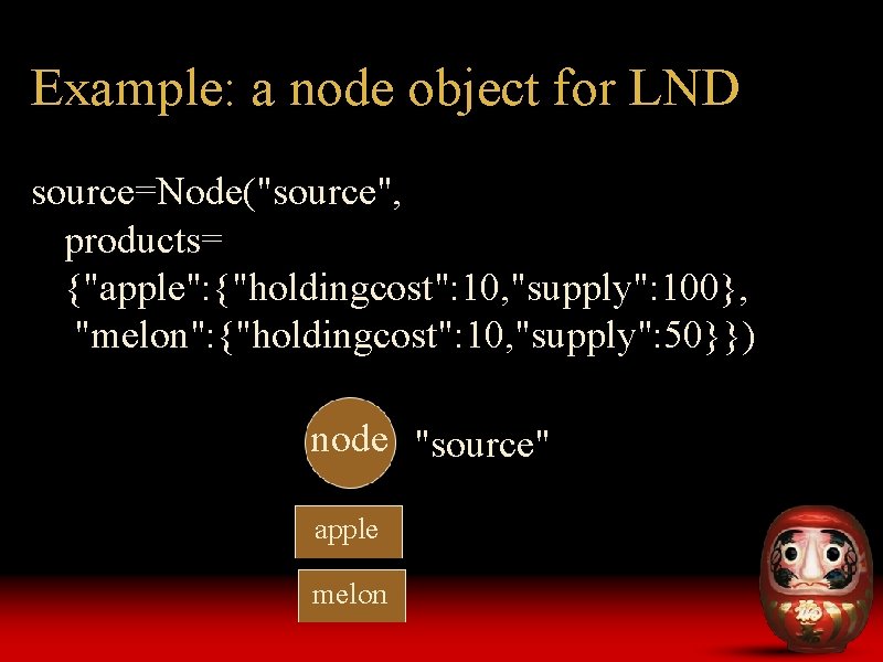 Example: a node object for LND source=Node("source", products= {"apple": {"holdingcost": 10, "supply": 100}, "melon":