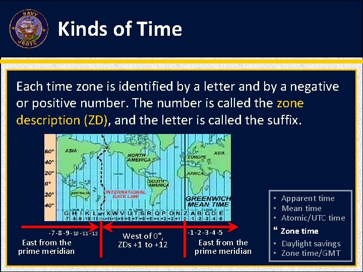 Kinds of Time Each time zone is identified by a letter and by a