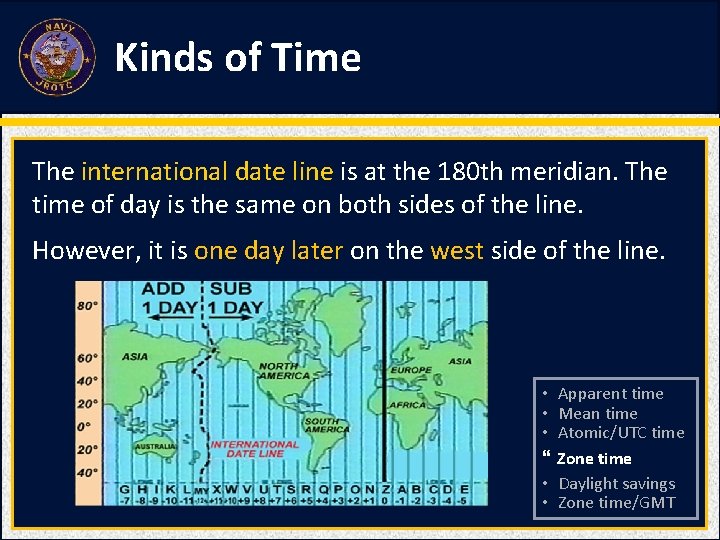 Kinds of Time The international date line is at the 180 th meridian. The