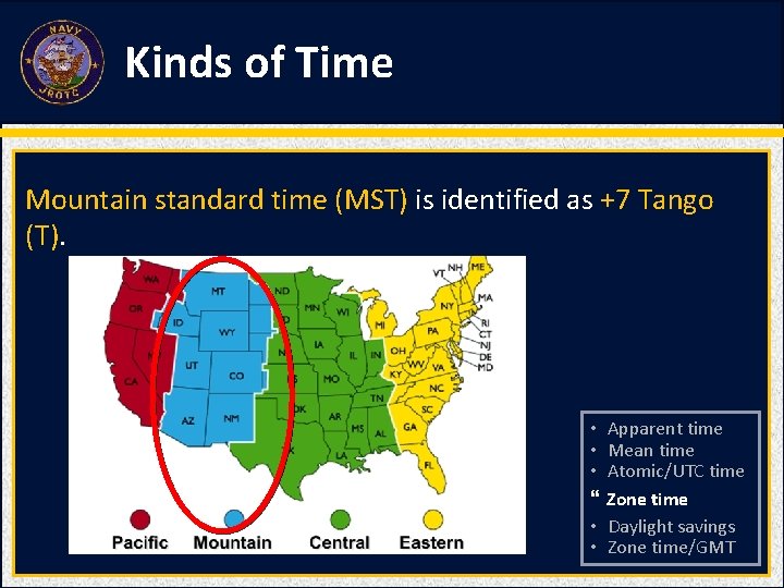 Kinds of Time Mountain standard time (MST) is identified as +7 Tango (T). •