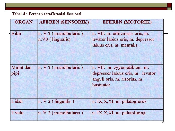 Tabel 4 : Peranan saraf kranial fase oral ORGAN AFEREN (SENSORIK) EFEREN (MOTORIK) Bibir