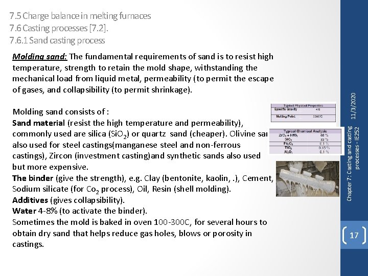 Molding sand consists of : Sand material (resist the high temperature and permeability), commonly