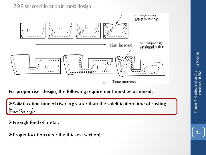 For proper riser design, the following requirement must be achieved: ØSolidification time of riser