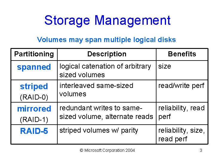 Storage Management Volumes may span multiple logical disks Partitioning Description Benefits spanned logical catenation