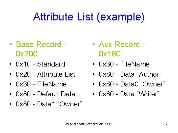 Attribute List (example) • Base Record 0 x 200 • Aux Record 0 x