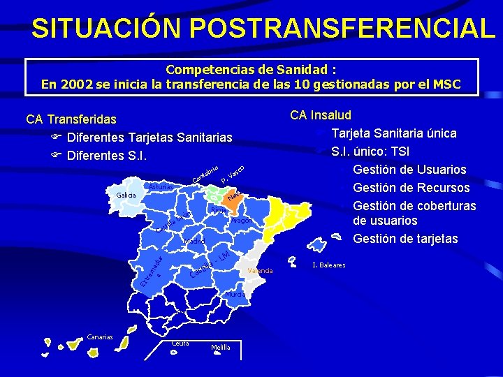 SITUACIÓN POSTRANSFERENCIAL Competencias de Sanidad : En 2002 se inicia la transferencia de las