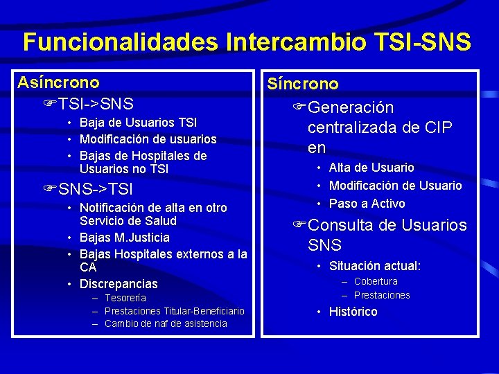 Funcionalidades Intercambio TSI-SNS Asíncrono FTSI->SNS • Baja de Usuarios TSI • Modificación de usuarios