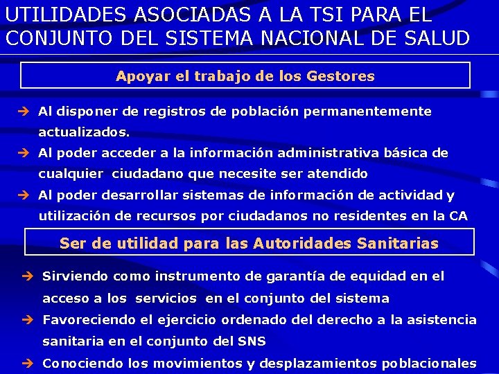UTILIDADES ASOCIADAS A LA TSI PARA EL CONJUNTO DEL SISTEMA NACIONAL DE SALUD Apoyar