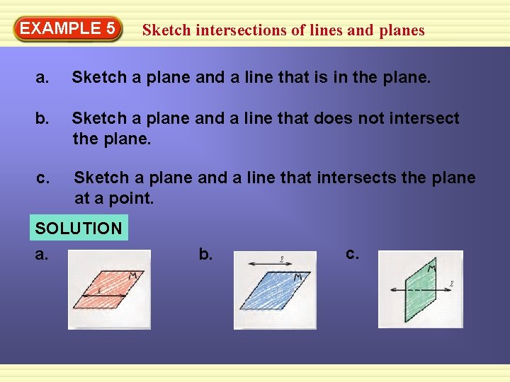 EXAMPLE 5 Sketch intersections of lines and planes a. Sketch a plane and a