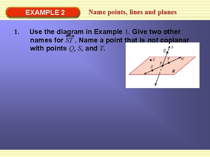 EXAMPLE 2 1. Name points, lines and planes Use the diagram in Example 1.
