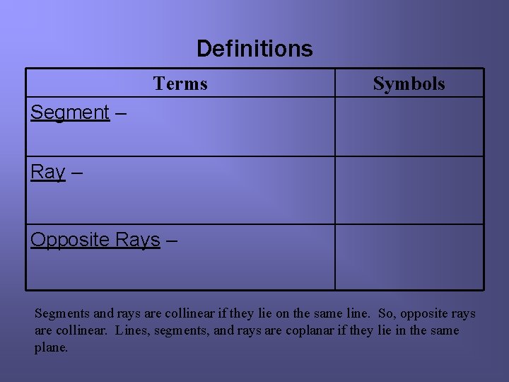 Definitions Terms Symbols Segment – Ray – Opposite Rays – Segments and rays are