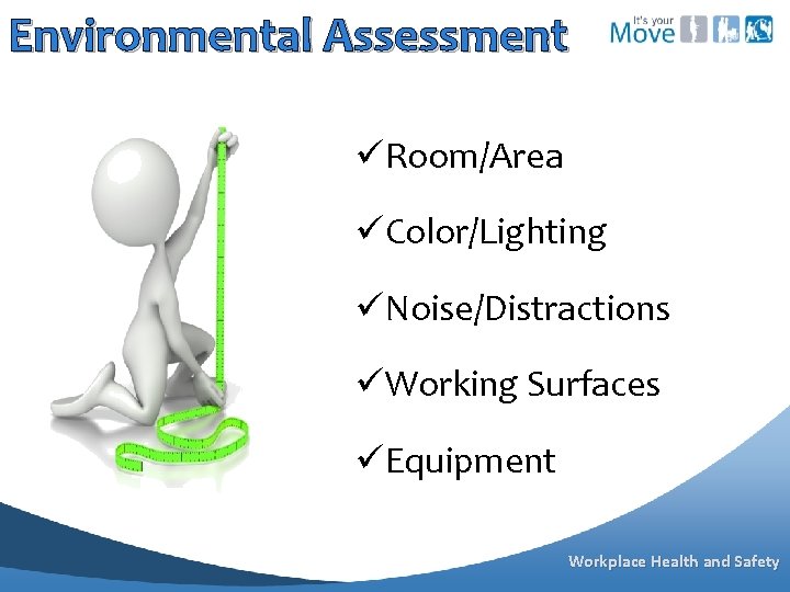 Environmental Assessment üRoom/Area üColor/Lighting üNoise/Distractions üWorking Surfaces üEquipment Workplace Health and Safety 