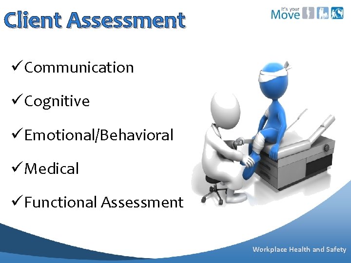 Client Assessment üCommunication üCognitive üEmotional/Behavioral üMedical üFunctional Assessment Workplace Health and Safety 