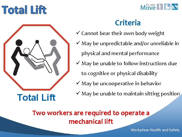 Total Lift Criteria ü Cannot bear their own body weight ü May be unpredictable