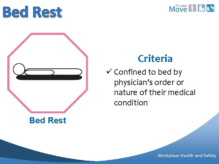 Bed Rest Criteria ü Confined to bed by physician’s order or nature of their