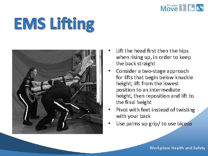 EMS Lifting • Lift the head first then the hips when rising up, in